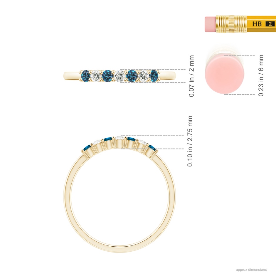 2mm AAA Seven Stone Blue and White Diamond Wedding Band in Yellow Gold ruler