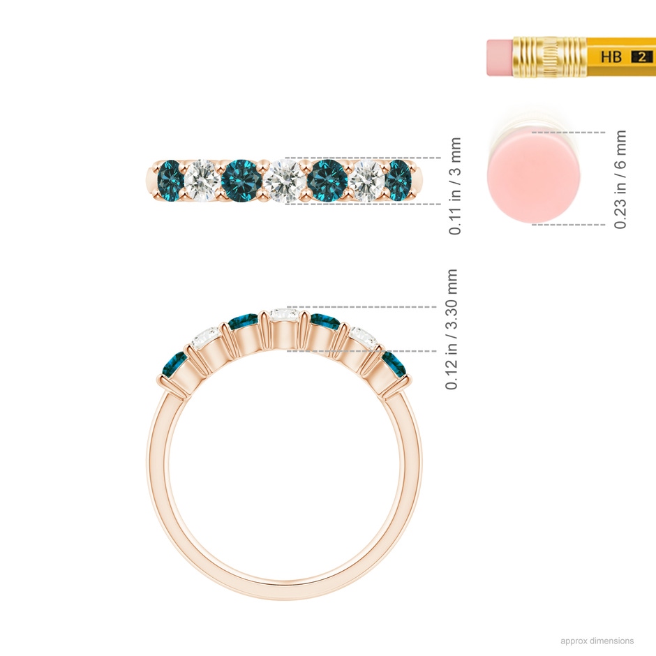 3mm AA Seven Stone Blue and White Diamond Wedding Band in Rose Gold ruler