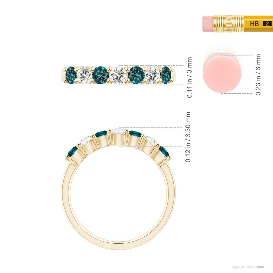 3mm AA Seven Stone Blue and White Diamond Wedding Band in Yellow Gold ruler