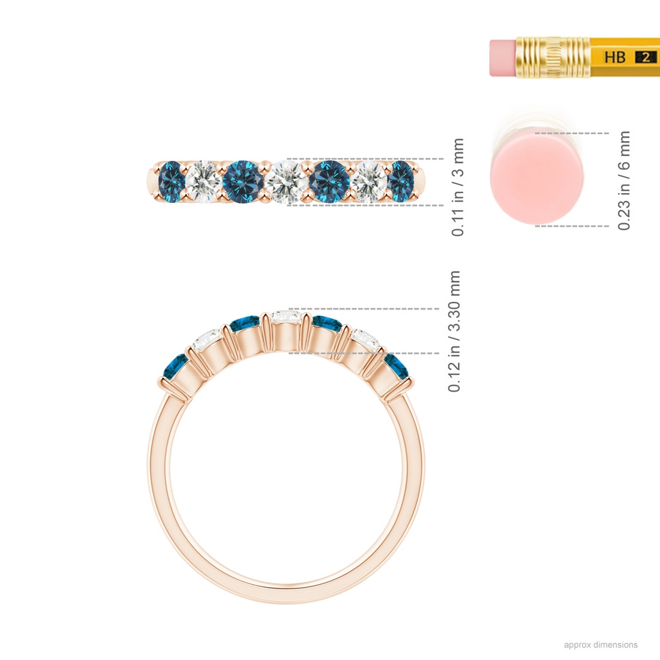3mm AAA Seven Stone Blue and White Diamond Wedding Band in Rose Gold ruler