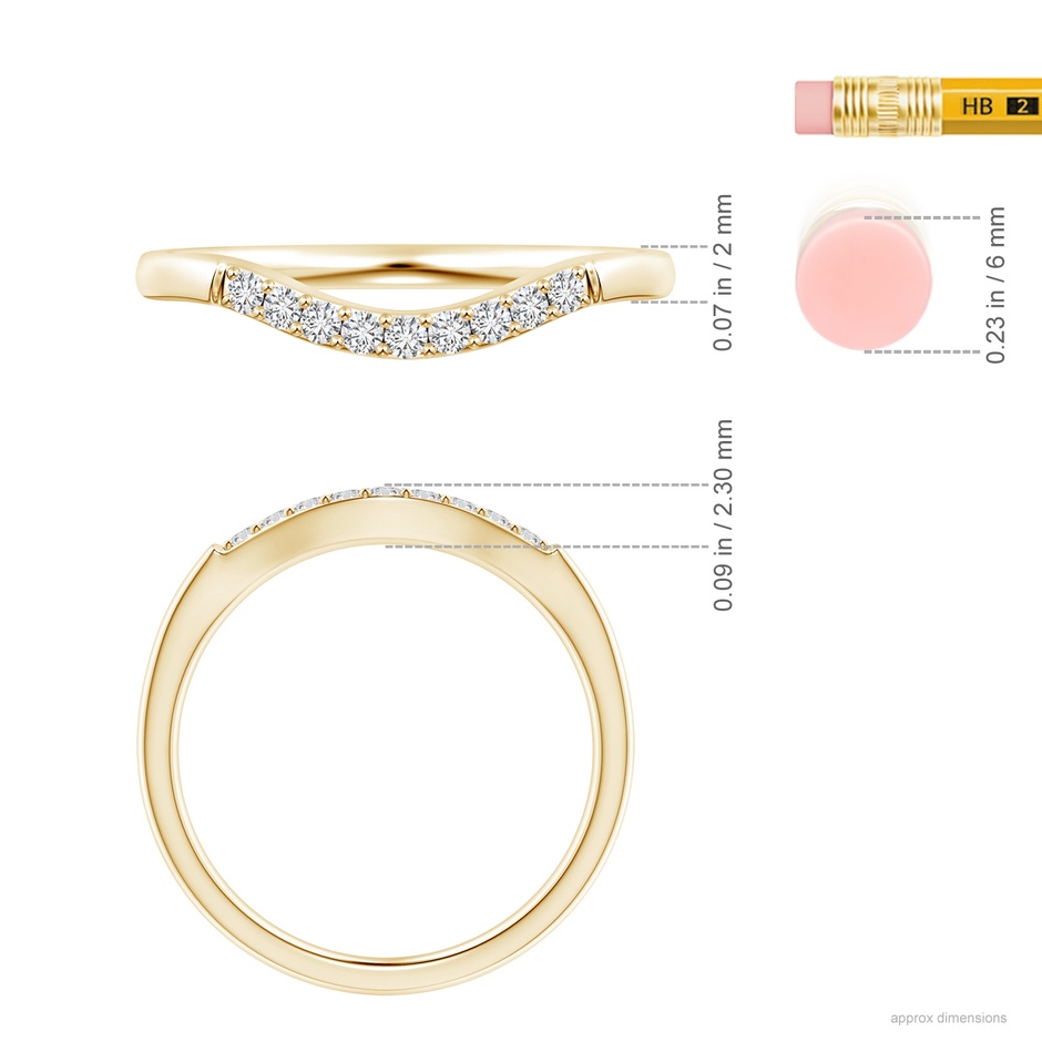 1.5mm HSI2 Classic Diamond Curved Comfort Fit Wedding Band For Her in Yellow Gold ruler