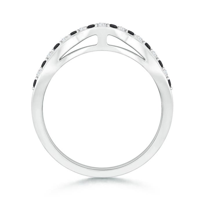 1.5mm AA Prong Set Round Black & White Diamond Curved Wedding Band in White Gold