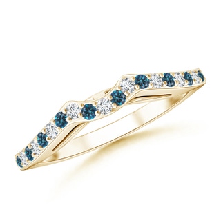 1.5mm AAA Round Enhanced Blue and White Diamond Curved Wedding Band in Yellow Gold