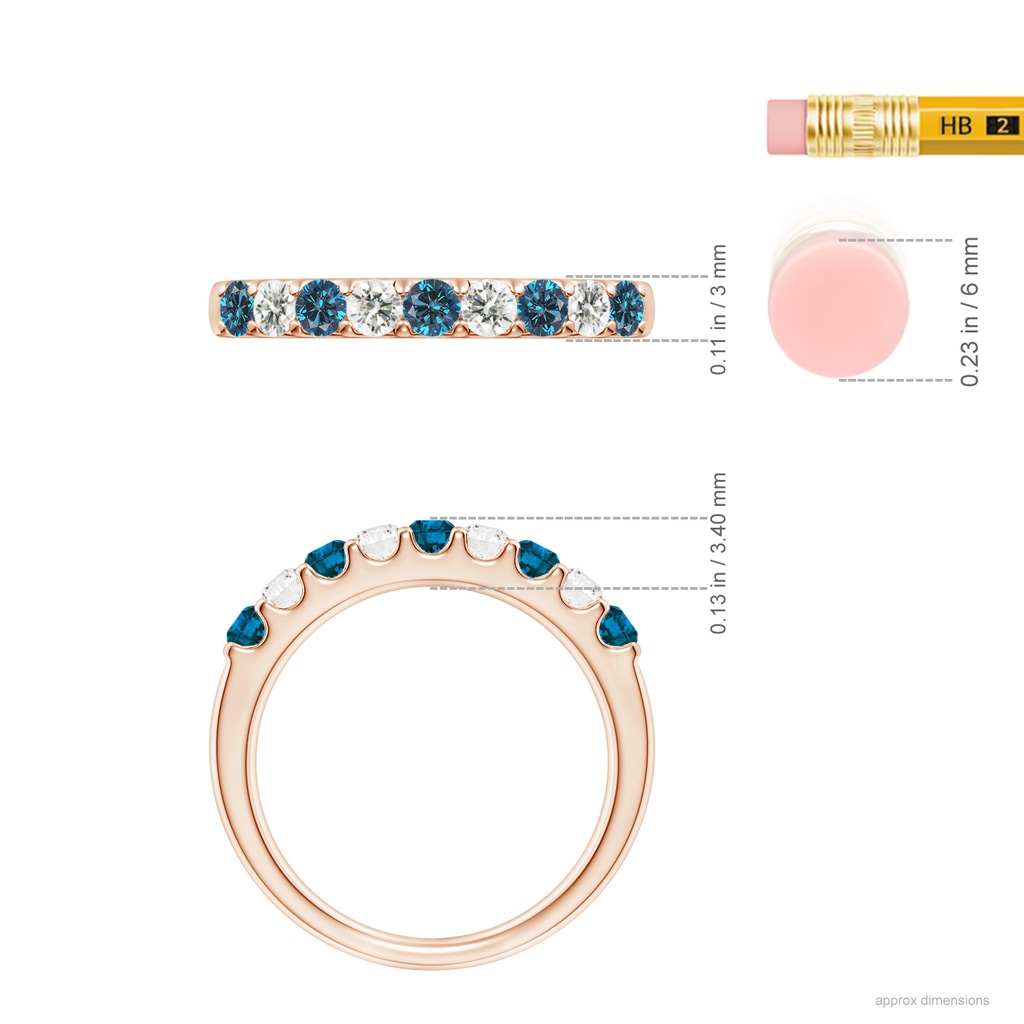 2.5mm AAA Prong-Set White and Blue Diamond Half Eternity Band in Rose Gold Ruler