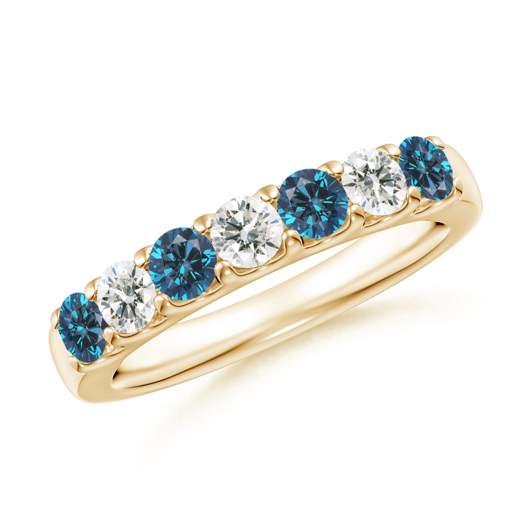 3.1mm AAA Prong-Set White and Blue Diamond Half Eternity Band in Yellow Gold