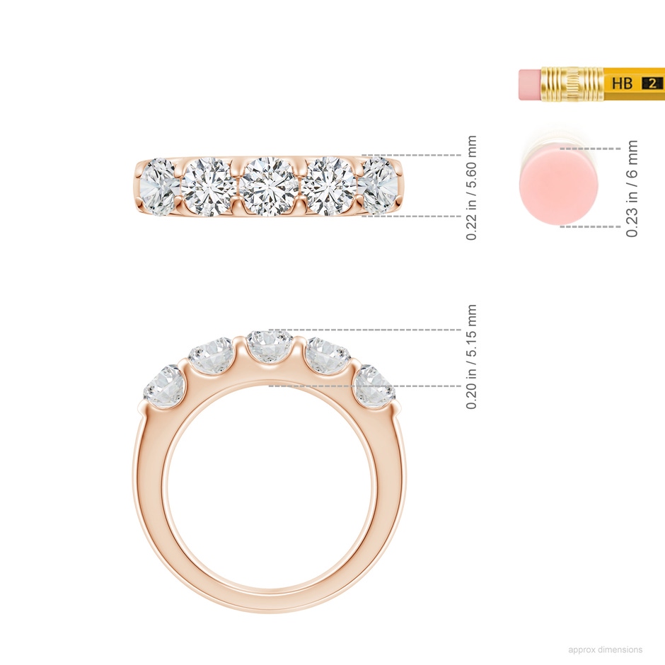 4.8mm HSI2 Shared Prong Set Half Eternity Diamond Wedding Band in Rose Gold ruler
