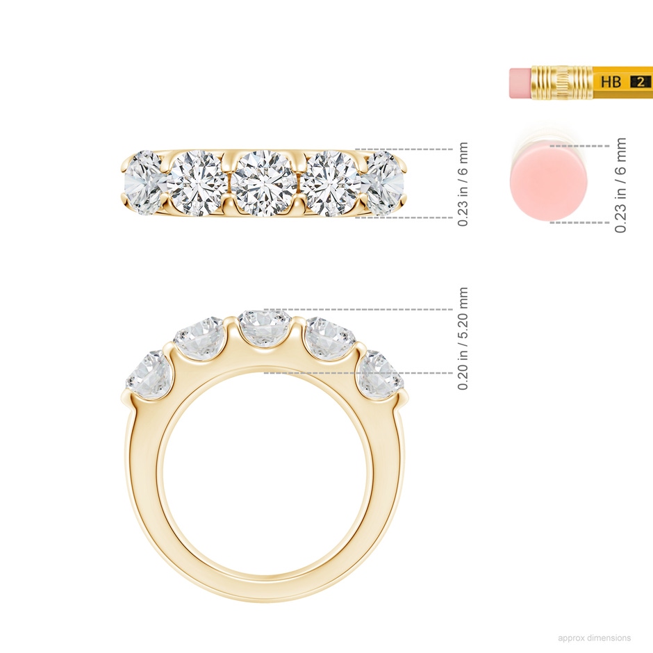 5.4mm HSI2 Shared Prong Set Half Eternity Diamond Wedding Band in Yellow Gold ruler