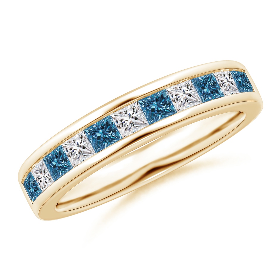 2.4mm AAA Princess-Cut White & Blue Diamond Half Eternity Band in Yellow Gold 