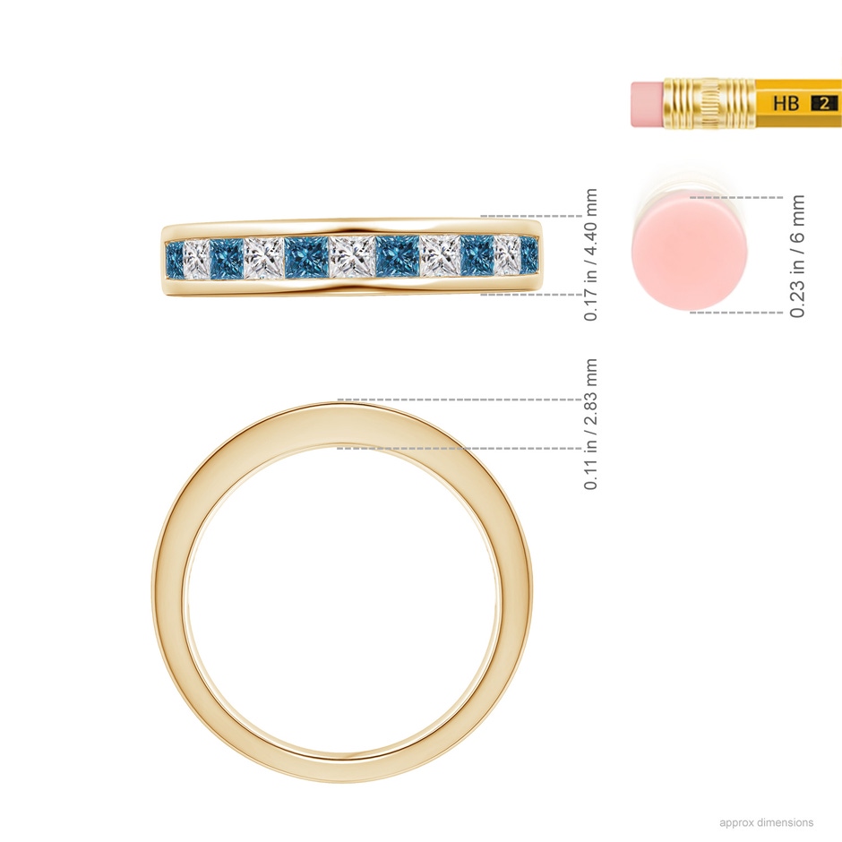 2.4mm AAA Princess-Cut White & Blue Diamond Half Eternity Band in Yellow Gold ruler