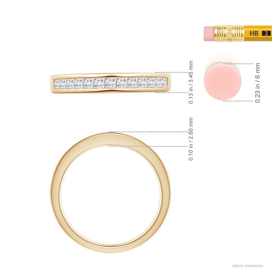 1.8mm GVS2 Channel Set Princess Diamond Half Eternity Wedding Band in Yellow Gold ruler