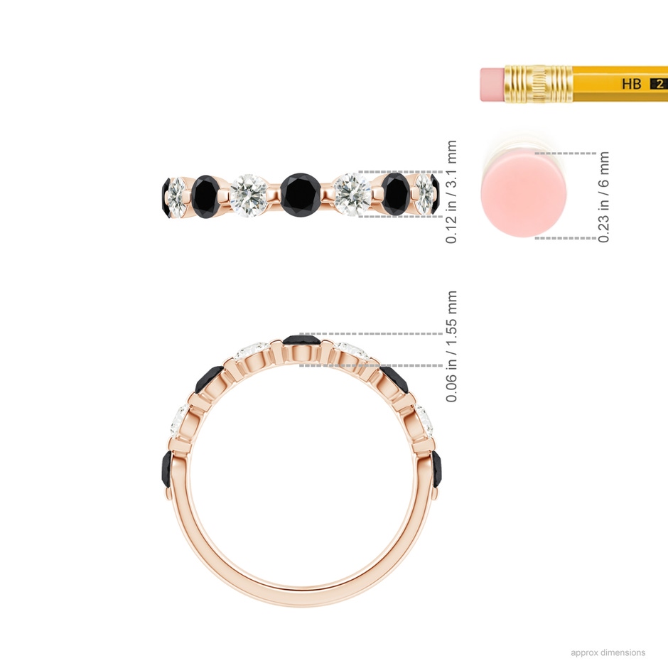 3mm AA Floating Black and White Diamond Semi Eternity Wedding Band in Rose Gold ruler