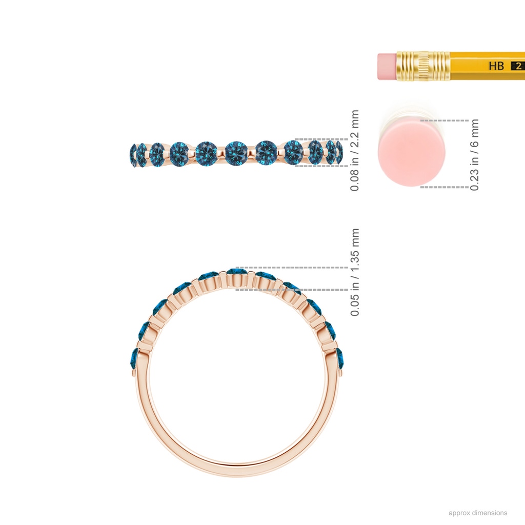 2.2mm AAA Floating Blue Diamond Semi Eternity Wedding Band for Her in Rose Gold Ruler