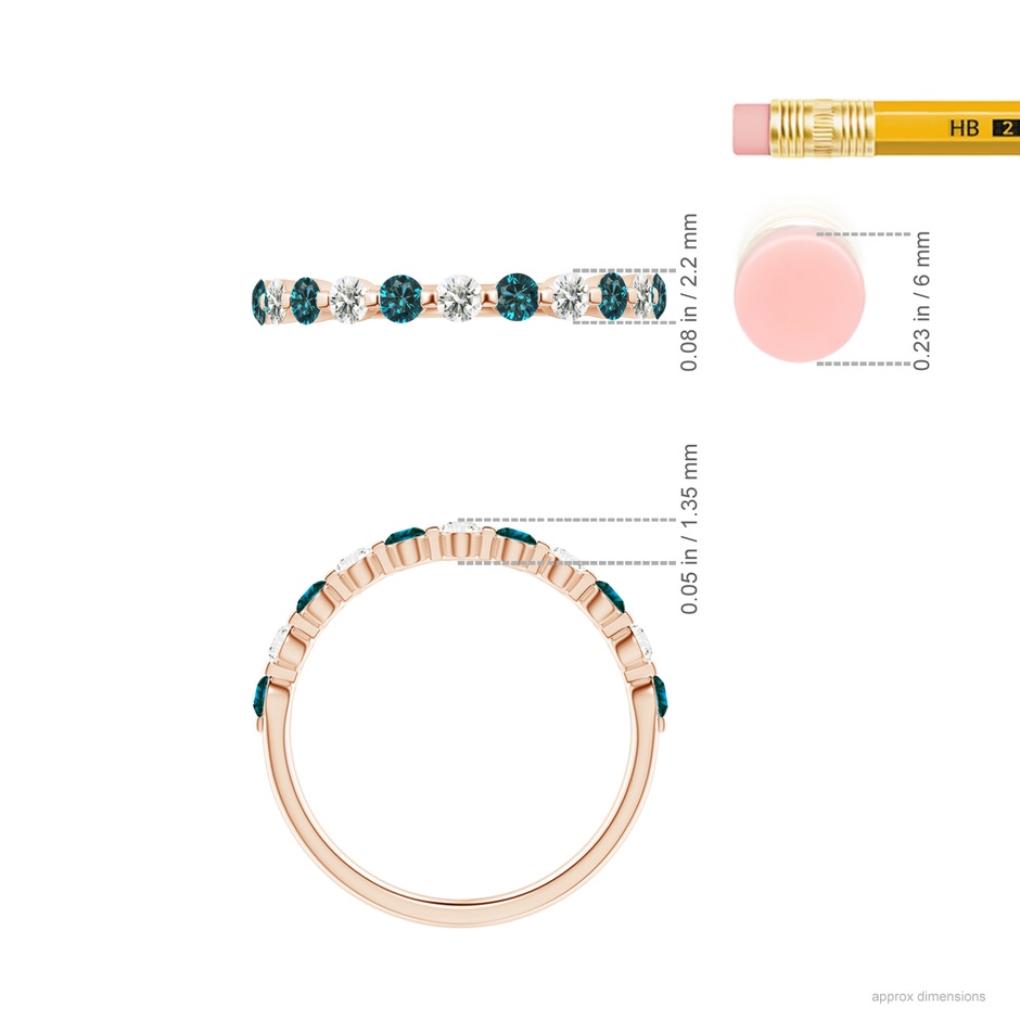 2.2mm AA Floating Blue and White Diamond Semi Eternity Wedding Band in Rose Gold ruler