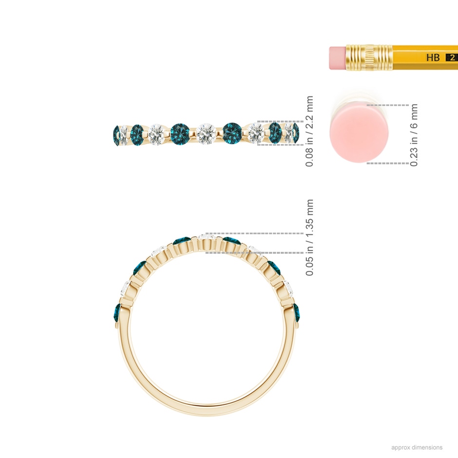 2.2mm AA Floating Blue and White Diamond Semi Eternity Wedding Band in Yellow Gold ruler