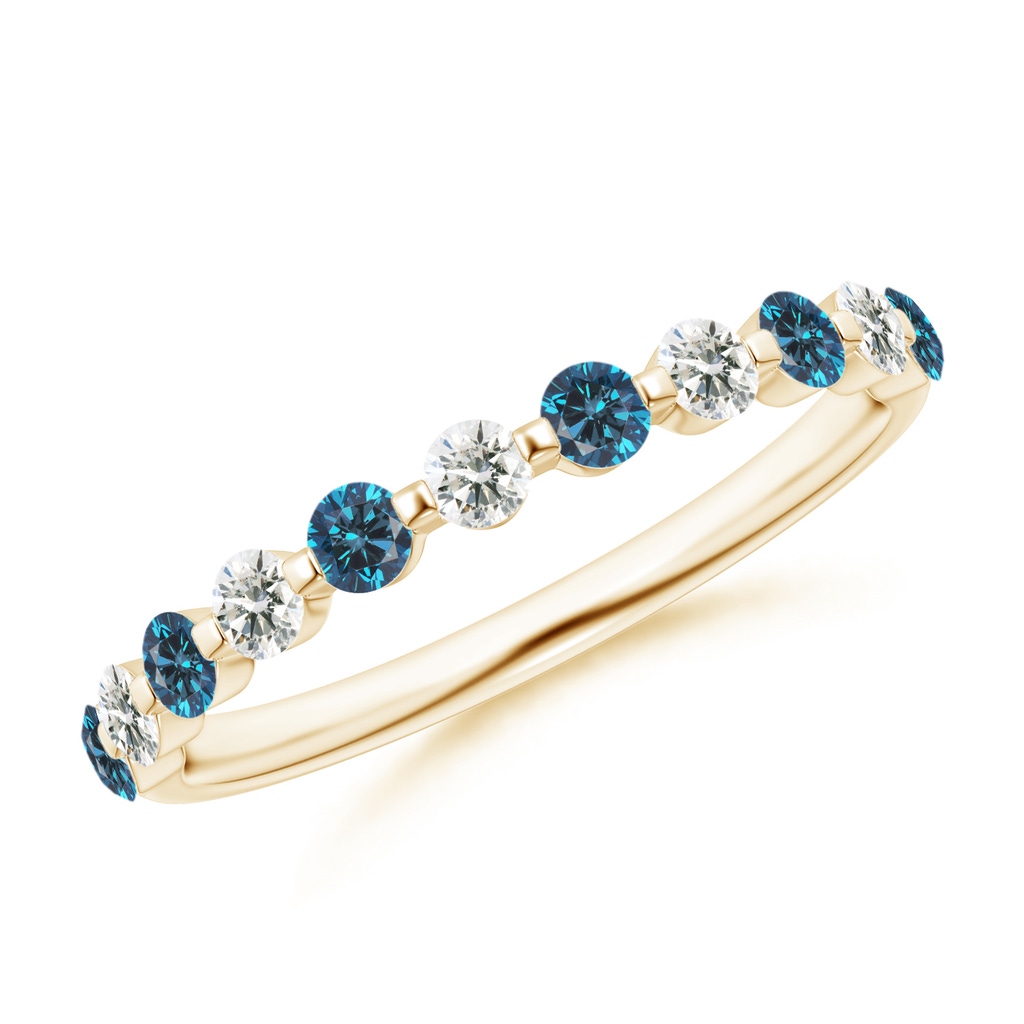 2.2mm AAA Floating Blue and White Diamond Semi Eternity Wedding Band in Yellow Gold
