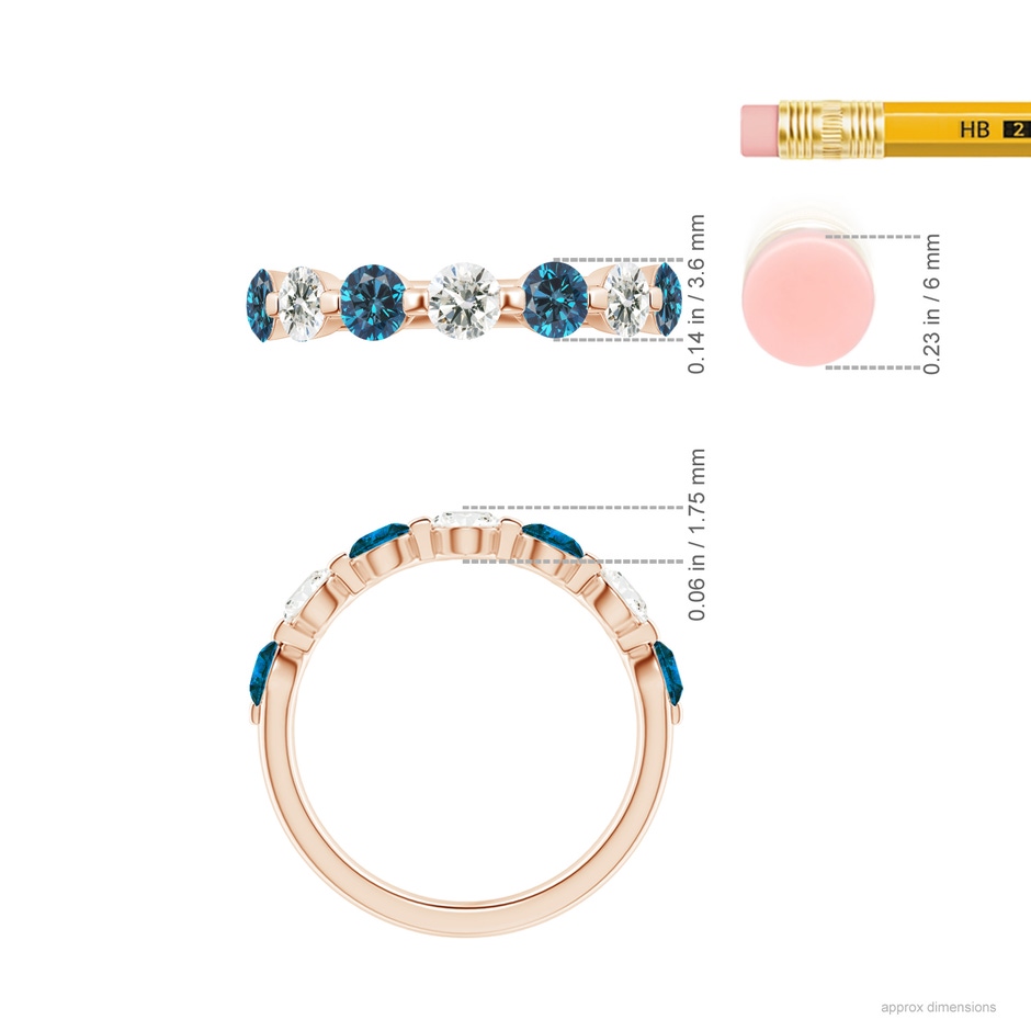 3.6mm AAA Floating Blue and White Diamond Semi Eternity Wedding Band in Rose Gold ruler