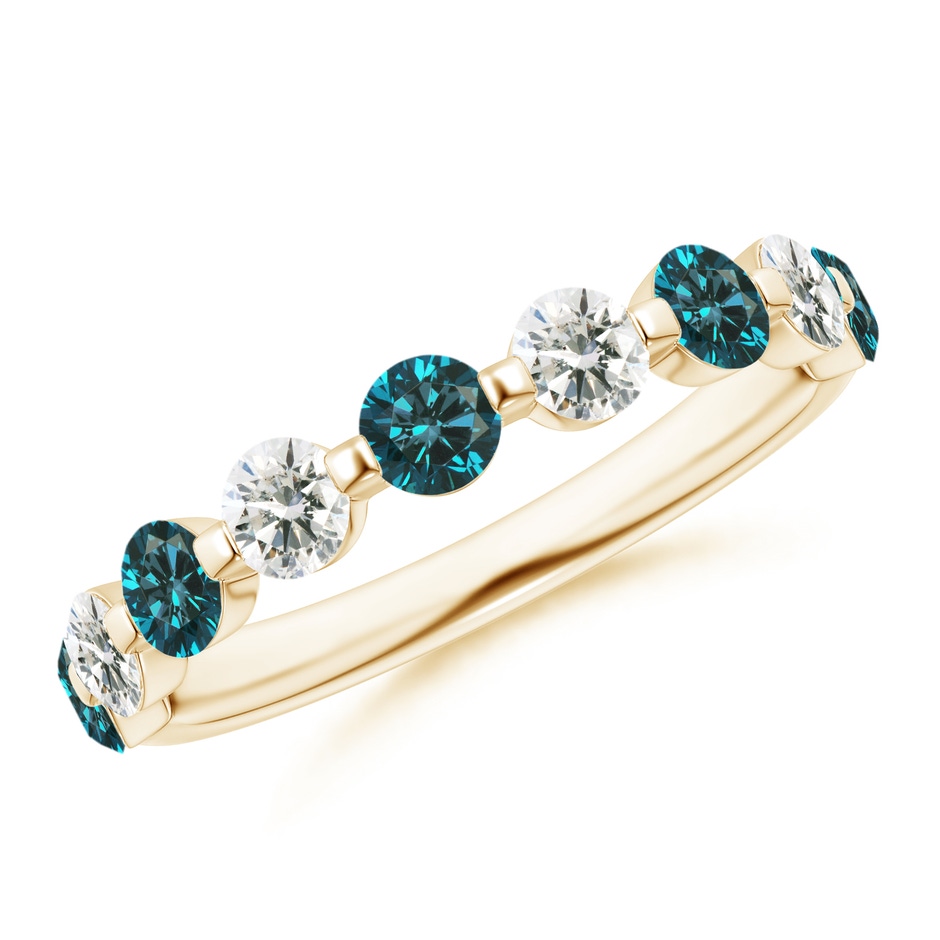 3mm AA Floating Blue and White Diamond Semi Eternity Wedding Band in Yellow Gold 