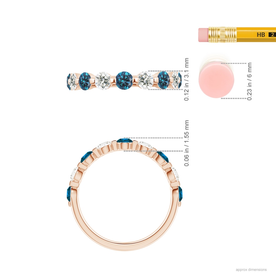 3mm AAA Floating Blue and White Diamond Semi Eternity Wedding Band in Rose Gold ruler