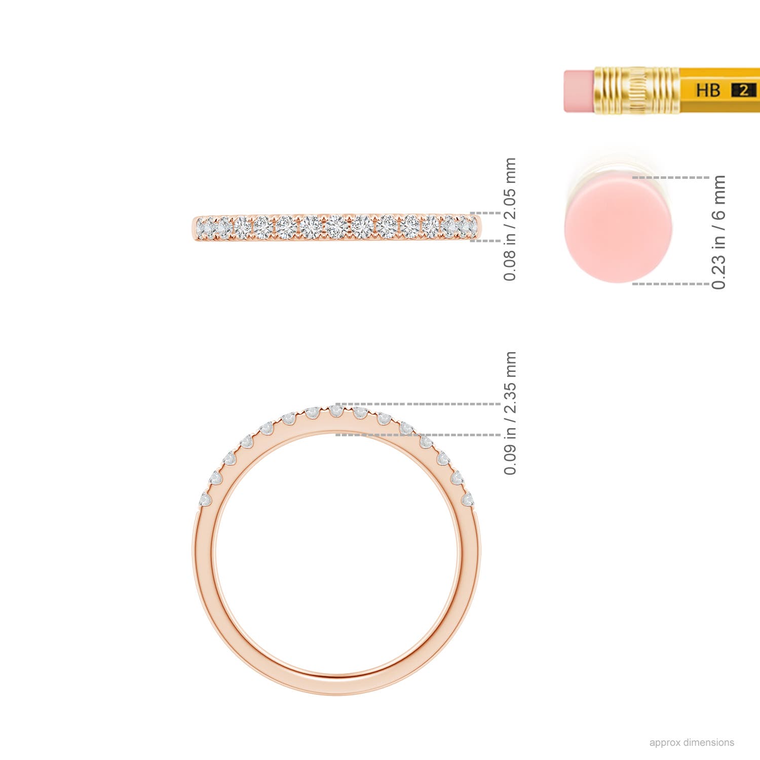 1.55mm HSI2 Half Eternity Round Diamond Wedding Band for Her in Rose Gold - ruler