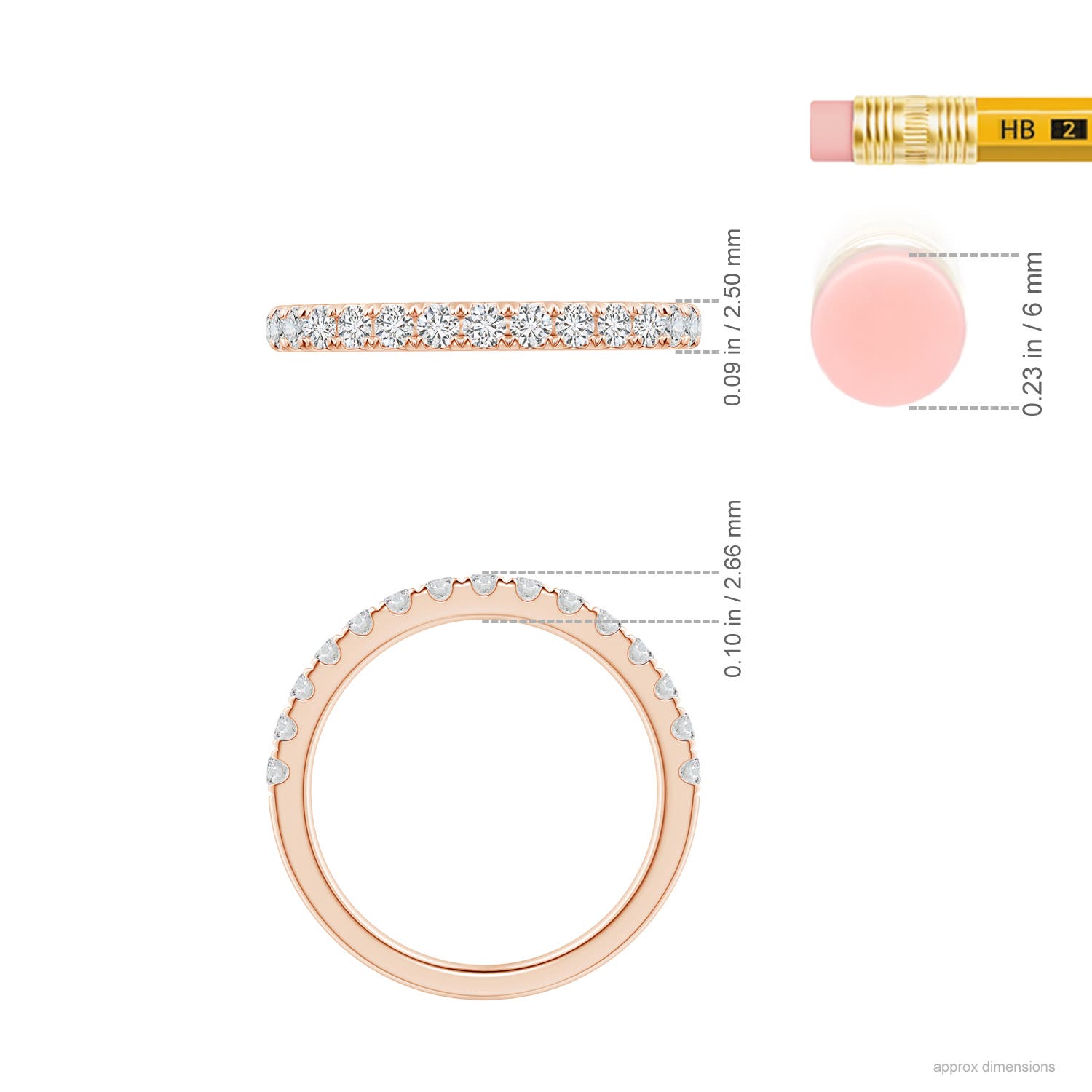 2mm HSI2 Half Eternity Round Diamond Wedding Band for Her in Rose Gold - ruler
