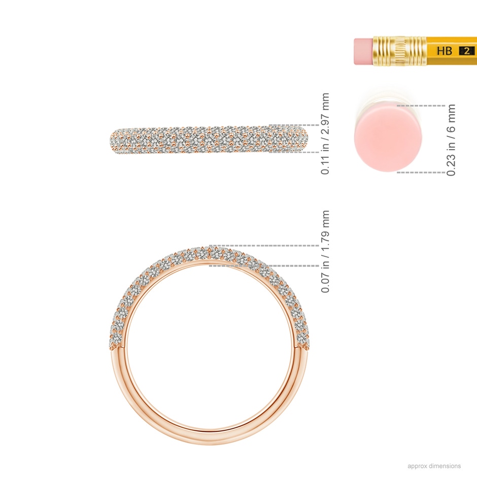 1.2mm KI3 Triple Row Diamond Wedding Band for Women in Rose Gold ruler