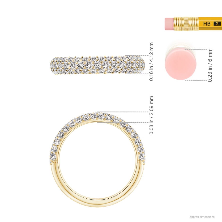 1.6mm IJI1I2 Triple Row Diamond Wedding Band for Women in Yellow Gold ruler