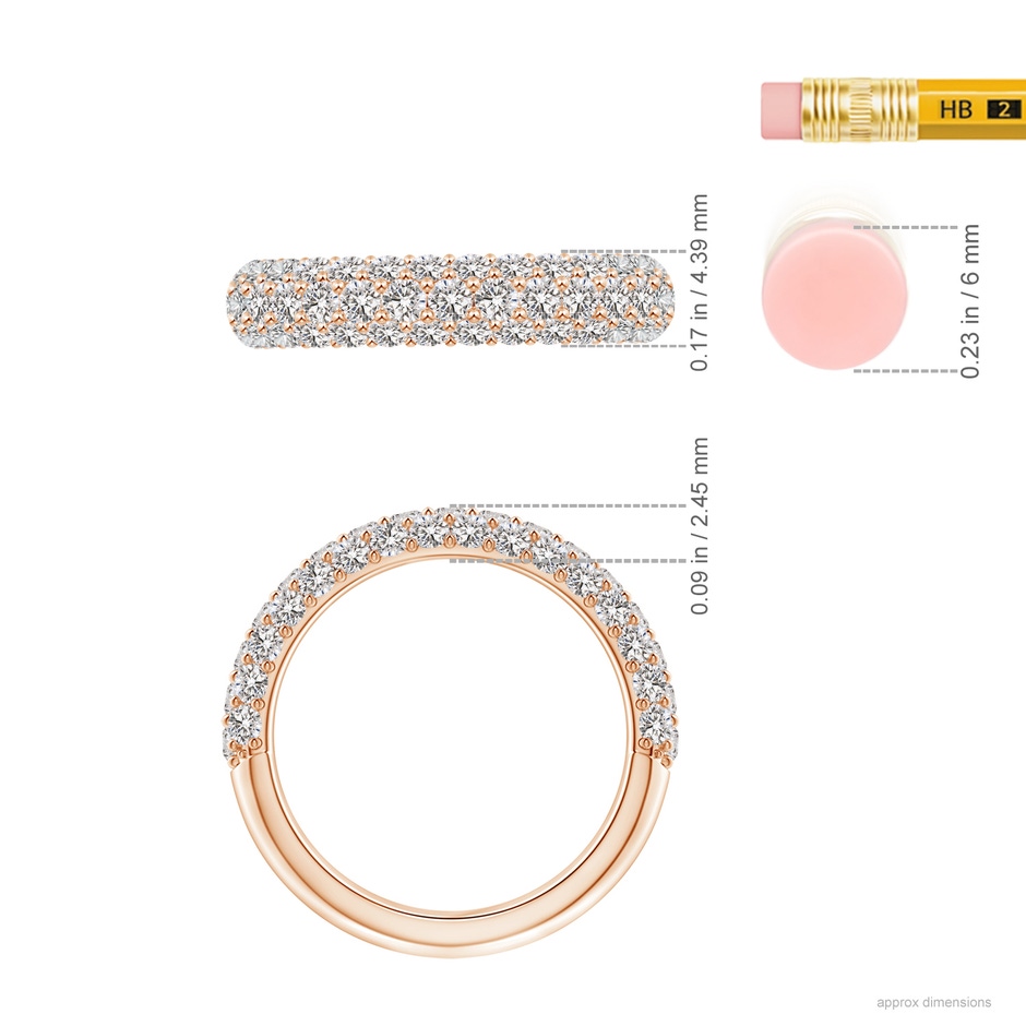 2mm IJI1I2 Triple Row Diamond Wedding Band for Women in Rose Gold ruler