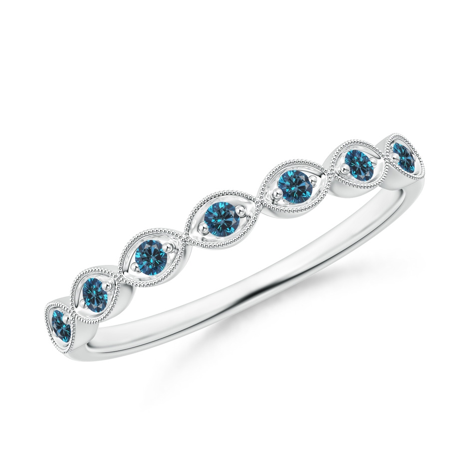 1.5mm AAA Pave Set Round Blue Diamond Milgrain Wedding Band in White Gold 