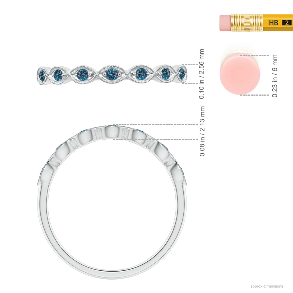 1.5mm AAA Pave Set Round Blue Diamond Milgrain Wedding Band in White Gold Ruler