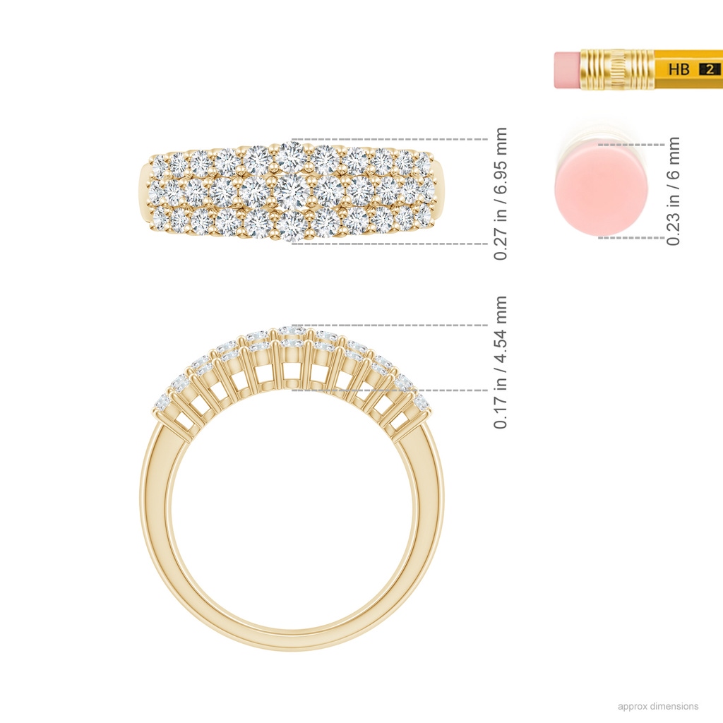 2.4mm GVS2 Tapered Triple-Row Diamond Anniversary Ring in Yellow Gold ruler