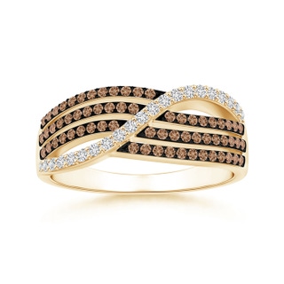 1mm AAA Multi-Row White and Coffee Diamond Crossover Wedding Band in Yellow Gold