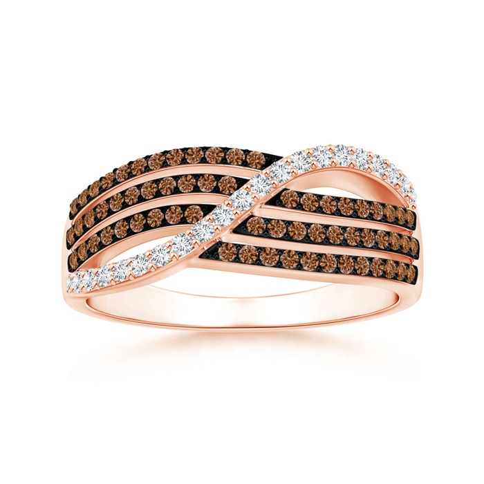 1mm AAAA Multi-Row White and Coffee Diamond Crossover Wedding Band in Rose Gold
