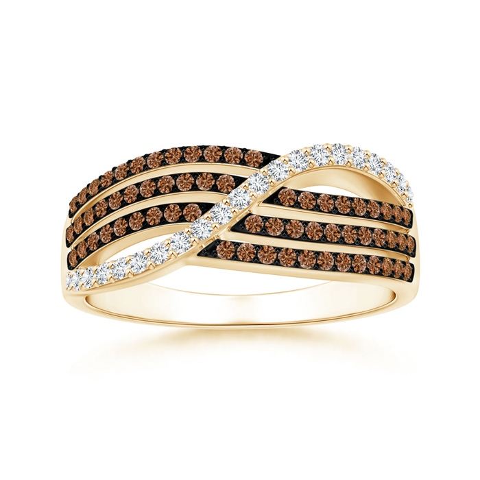 1mm AAAA Multi-Row White and Coffee Diamond Crossover Wedding Band in Yellow Gold