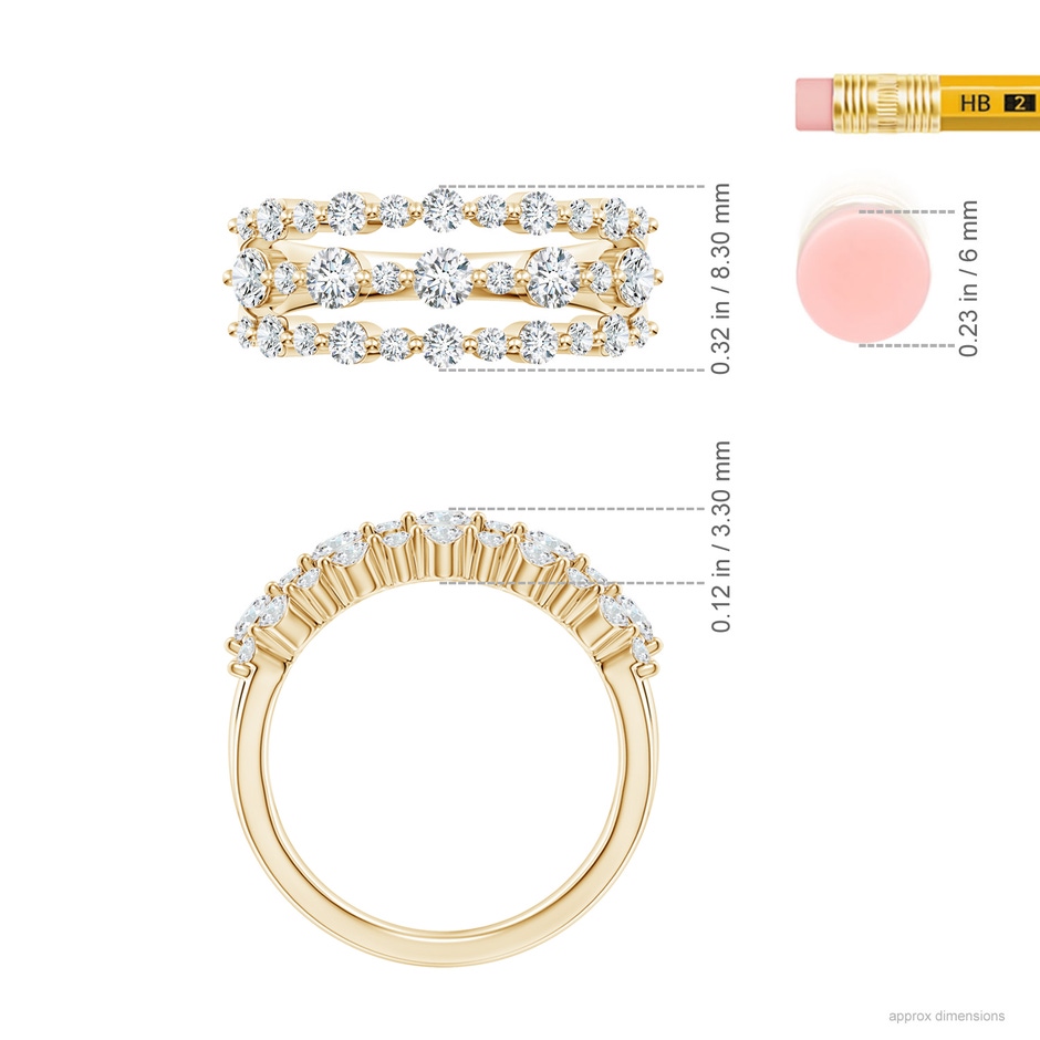 2.8mm GVS2 Three Row Alternating Diamond Anniversary Ring in Yellow Gold ruler