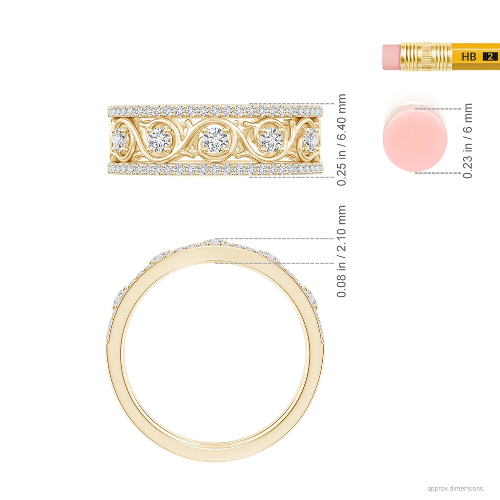 2.4mm HSI2 Edwardian Style Filigree Diamond Wedding Band in Yellow Gold ruler