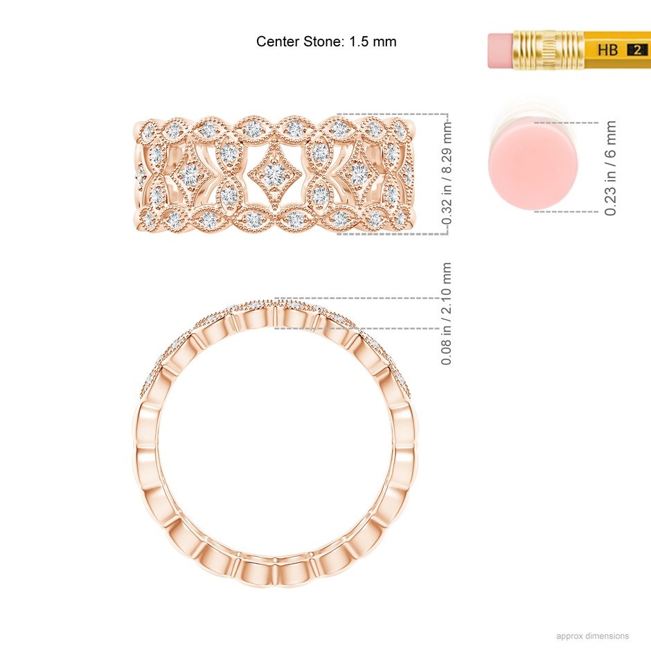 1.5mm GVS2 Art Deco Inspired Filigree Diamond Wedding Band in Rose Gold ruler
