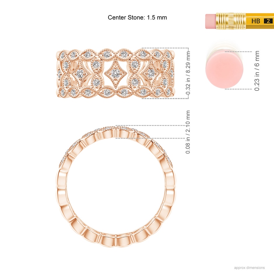 1.5mm IJI1I2 Art Deco Inspired Filigree Diamond Wedding Band in Rose Gold ruler