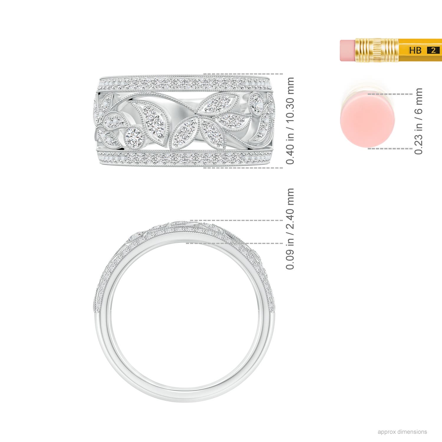 2mm HSI2 Vintage Style Nature Inspired Diamond Anniversary Band in White Gold - ruler