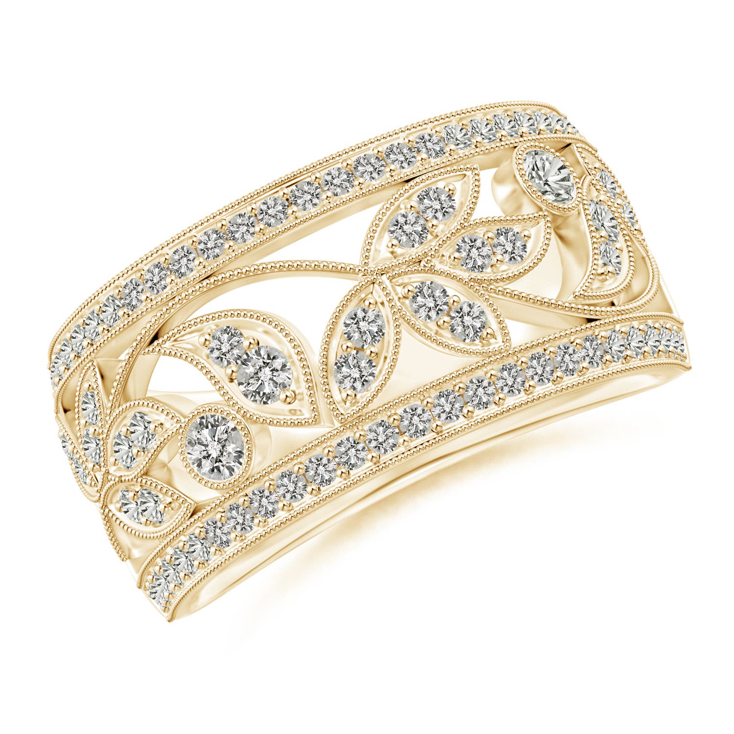 2mm KI3 Vintage Style Nature Inspired Diamond Anniversary Band in Yellow Gold