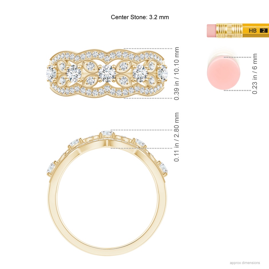 3.2mm GVS2 Diamond Anniversary Band with Leaf Motifs in Yellow Gold ruler
