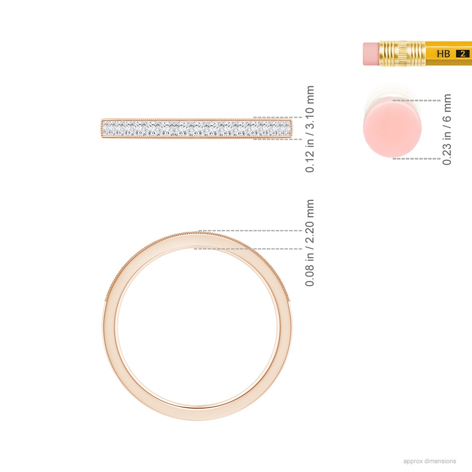 1.5mm GVS2 Channel-Set Princess-Cut Diamond Wedding Band with Milgrain in Rose Gold ruler