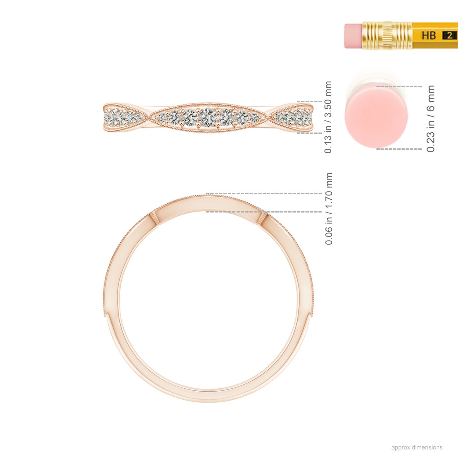 1.45mm KI3 Pave-Set Diamond Marquise Wedding Band with Milgrain in Rose Gold - ruler