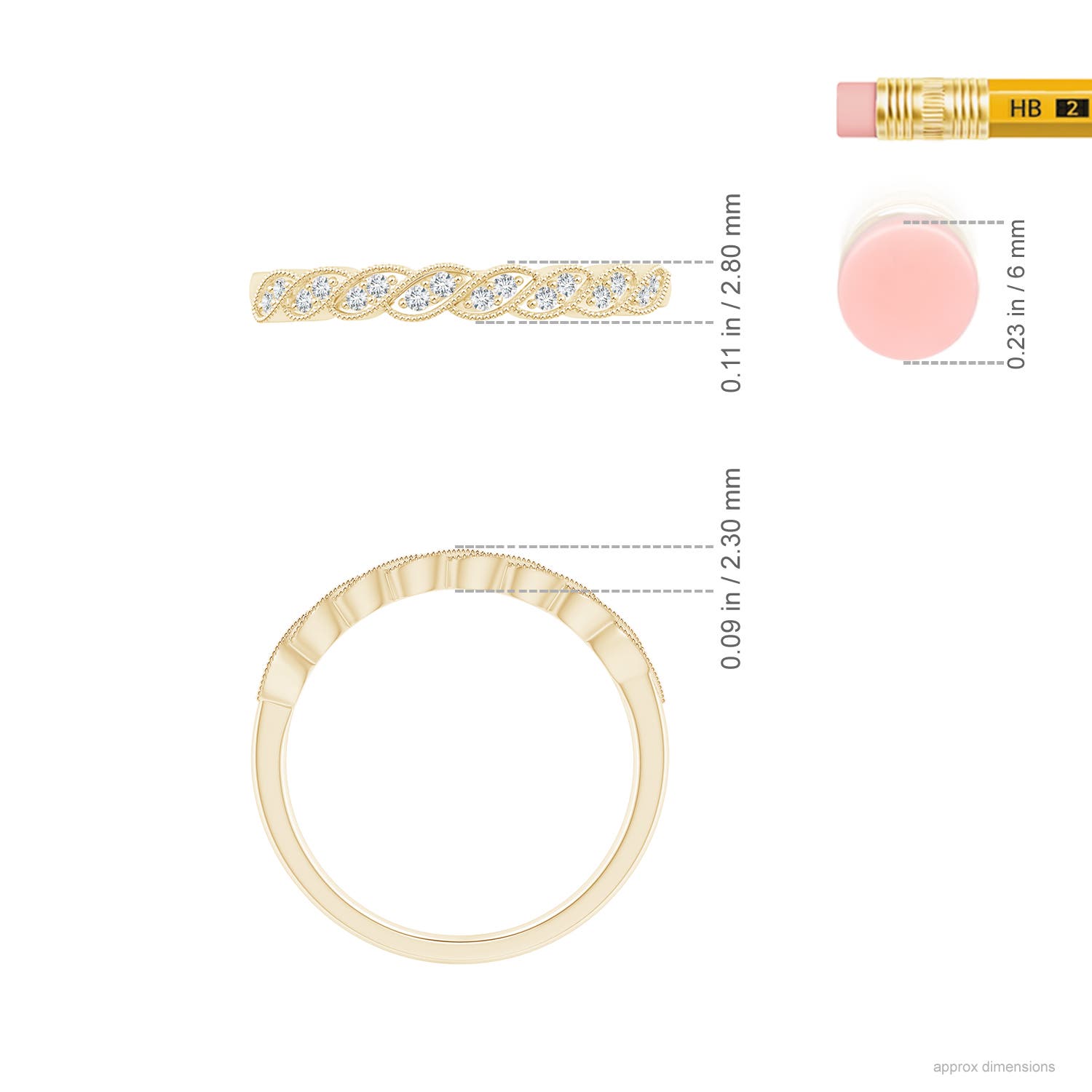 1.1mm GVS2 Aeon Vintage Style Diamond Twisted Half Eternity Milgrain Wedding Band in 18CT Yellow Gold - ruler
