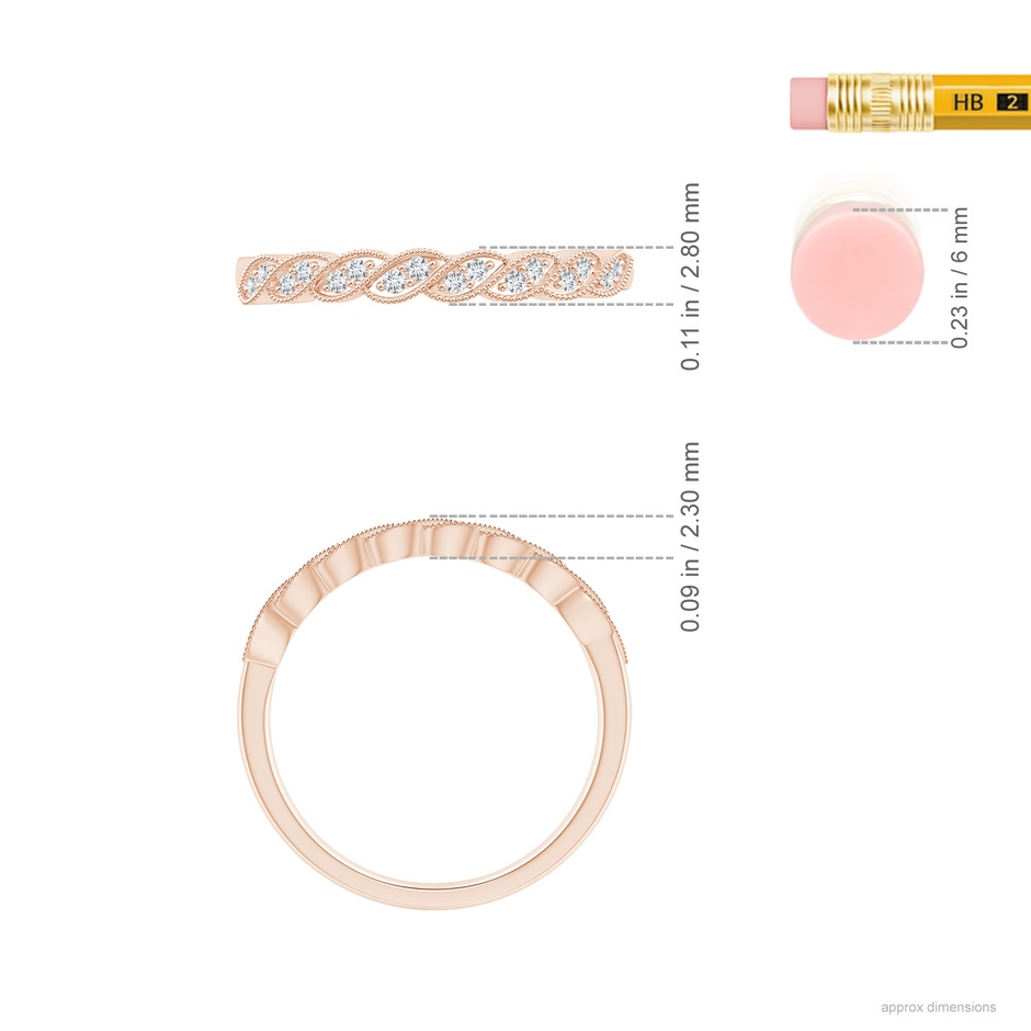 1.1mm GVS2 Aeon Vintage Style Diamond Twisted Half Eternity Milgrain Wedding Band in Rose Gold ruler
