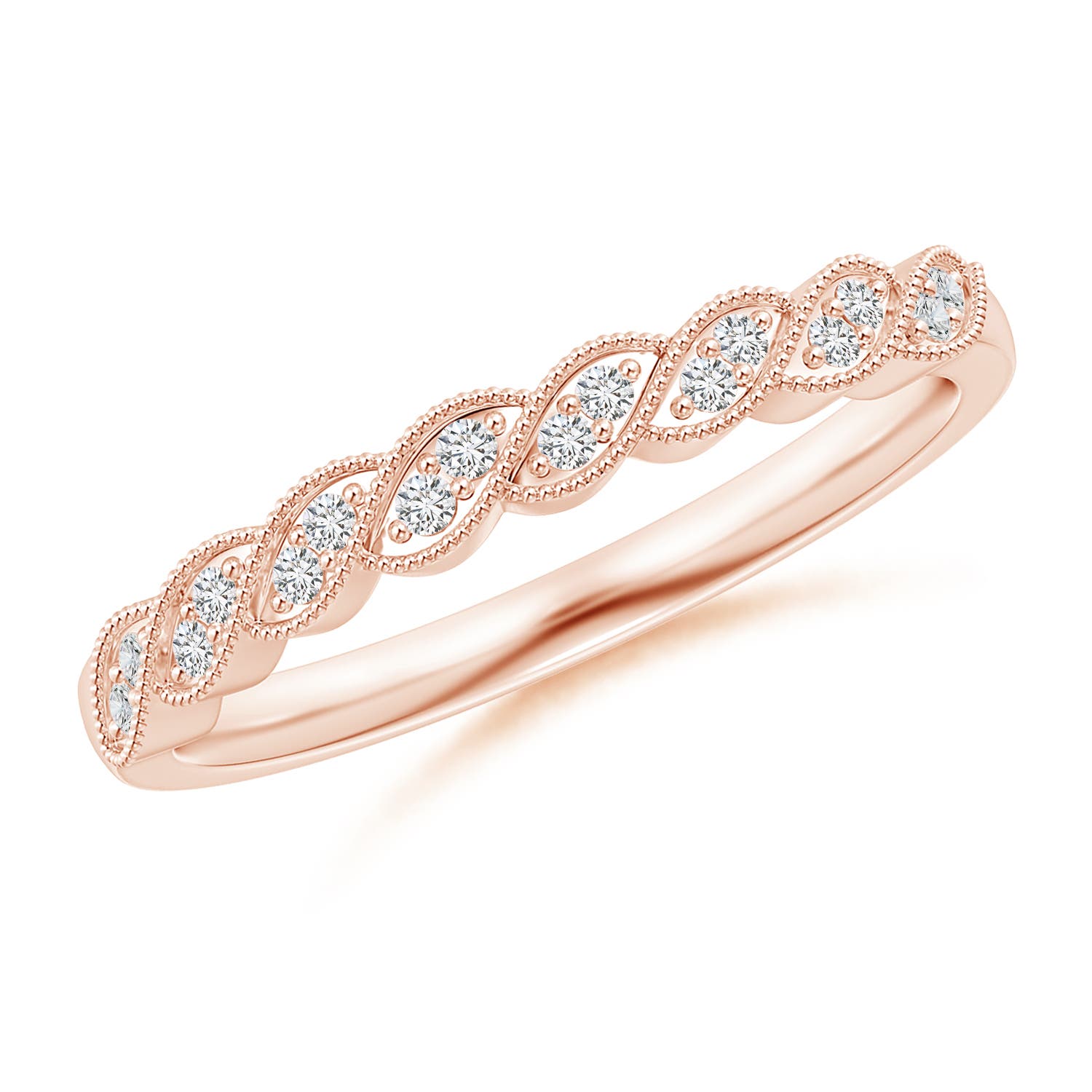 1.1mm HSI2 Aeon Vintage Style Diamond Twisted Half Eternity Milgrain Wedding Band in 18K Rose Gold