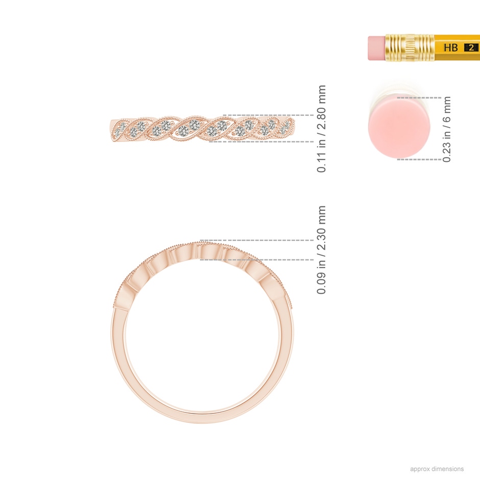 1.1mm KI3 Aeon Vintage Style Diamond Twisted Half Eternity Milgrain Wedding Band in Rose Gold ruler