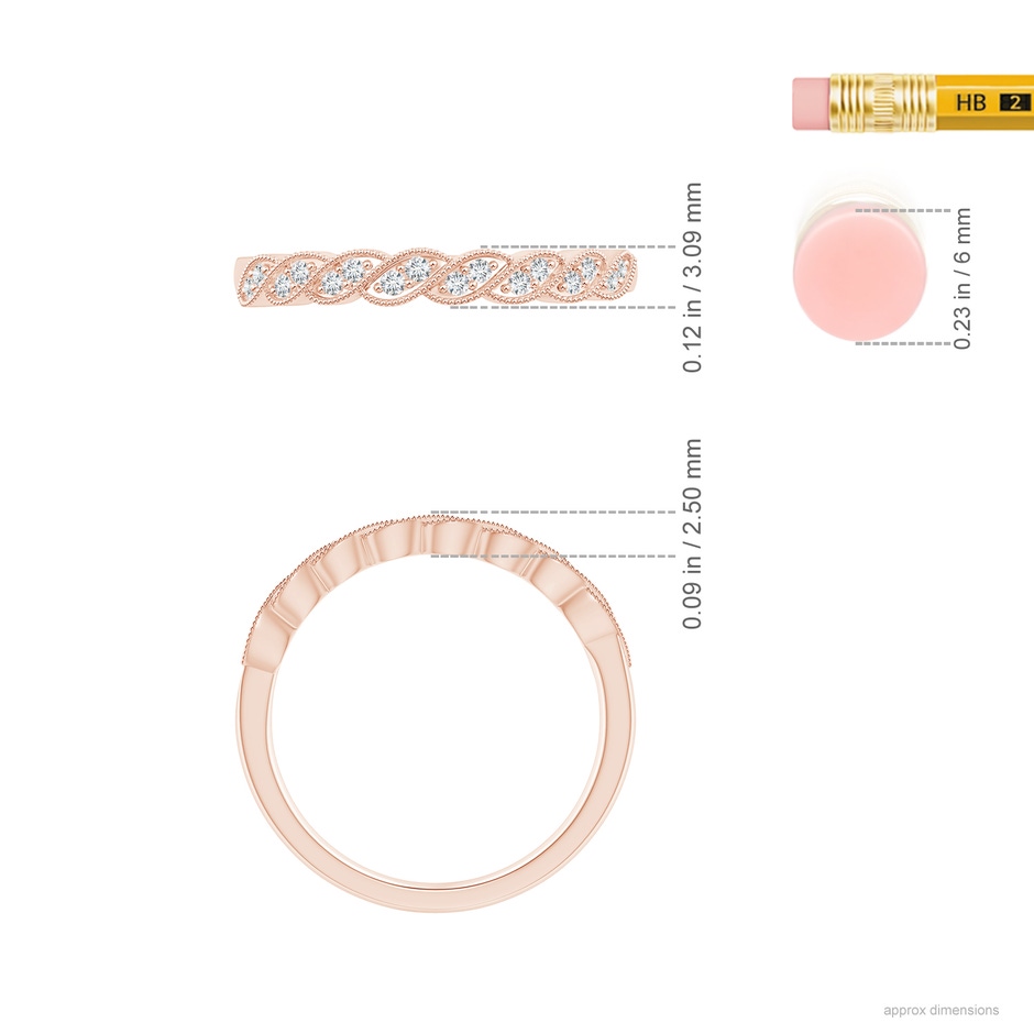 1.2mm GVS2 Aeon Vintage Style Diamond Twisted Half Eternity Milgrain Wedding Band in 18K Rose Gold ruler
