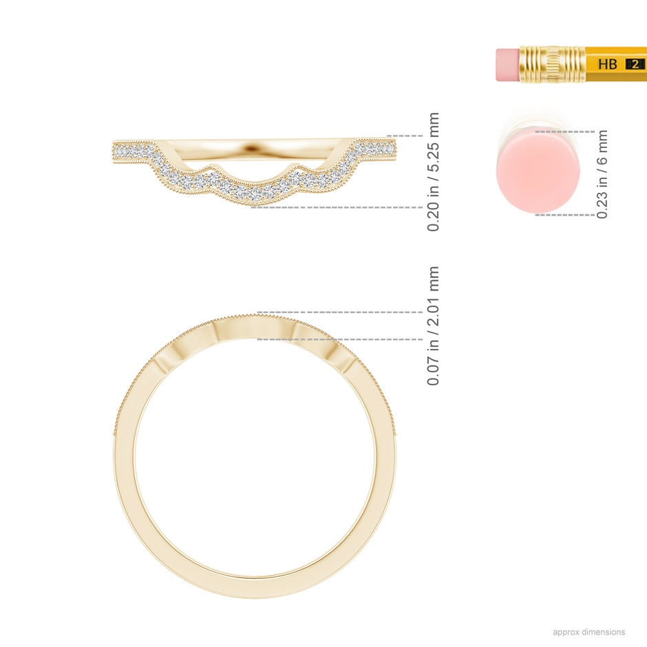 1.05mm HSI2 Aeon Vintage Inspired Diamond Contoured Wedding Band with Milgrain in 9K Yellow Gold ruler