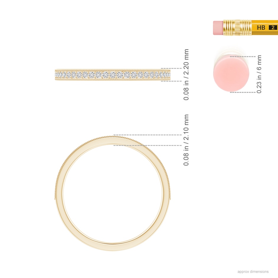 1.1mm HSI2 Aeon Vintage Style Pave-Set Diamond Wedding Band with Milgrain in 9K Yellow Gold ruler