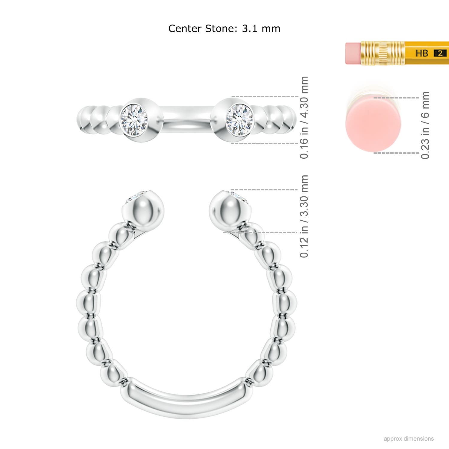 3.1mm GVS2 Two-Stone Round Diamond Beaded Shank Open Ring in P950 Platinum - ruler